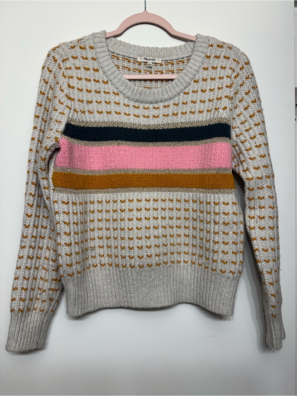 Madewell Cream Crewneck Sweater with Pink, Mustard & Black Stripes